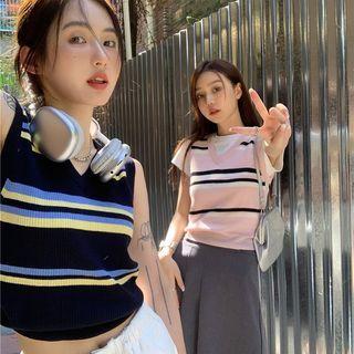 V-neck Striped Knit Crop Tank Top