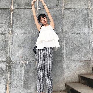 Ruffle Halter Camisole Top / Check High-waist Straight-cut Jeans