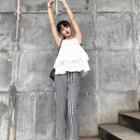 Ruffle Halter Camisole Top / Check High-waist Straight-cut Jeans