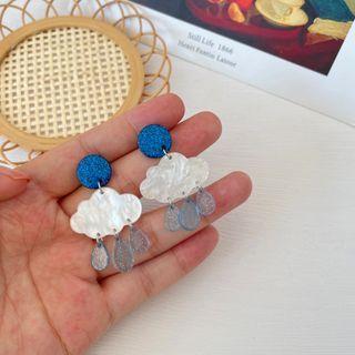 Rain Cloud Acrylic Fringed Earring 1 Pair - 925 Silver Needle - Blue & White - One Size