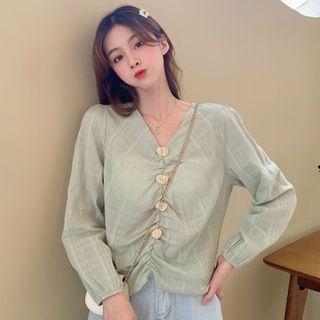 Puff-sleeve V-neck Button Blouse