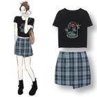 Flower Print Short-sleeve Cropped T-shirt / Plaid Mini Straight-fit Skirt