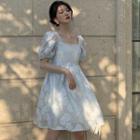 Puff Sleeve Square Neck Lace A-line Dress