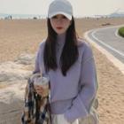 Long-sleeve Turtleneck Two-tone Sweater Purple & Light Green - One Size
