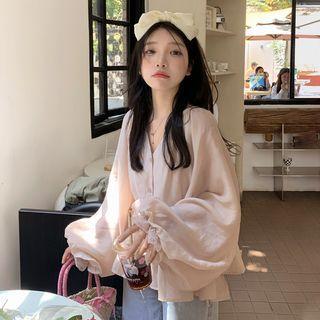 Puff-sleeve Lace Trim Blouse Pink - One Size