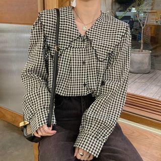 Long-sleeve Checked Sailor Collar Blouse