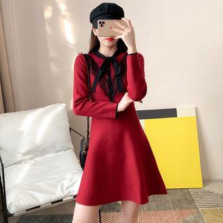 Lace Trim Tie-neck Mini A-line Knit Dress