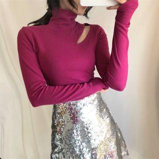Plain Slim-fit Turtle-neck Cutout Long-sleeve Top