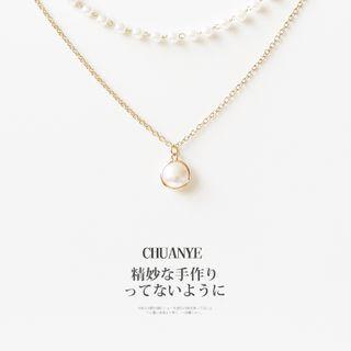Faux Pearl Pendant Layered Choker Necklace 01 - Gold & White - One Size