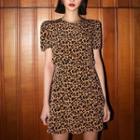 Short-sleeve Leopard Print A-line Dress Leopard Dress - One Size