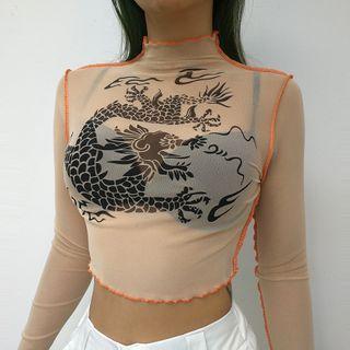 Long-sleeve Dragon Print Mesh T-shirt