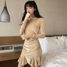 Long-sleeve Godet Velvet Dress