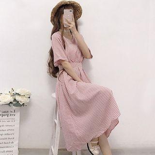 Cut Out Back Gingham Short-sleeve A-line Midi Dress