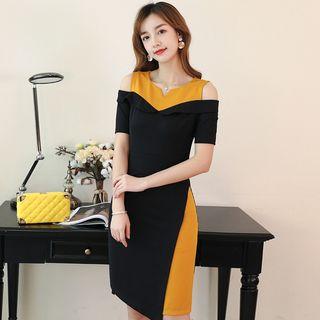 Two-tone Short-sleeve Cut-out Sheath Dress