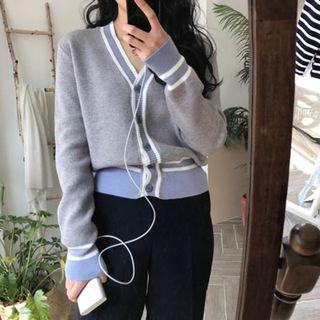 Contrast Trim Buttoned Knit Cardigan Gray - One Size