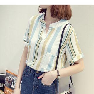 Split-neck Pinstripe Short-sleeve Blouse