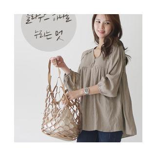 Half-placket Puff-sleeve Top