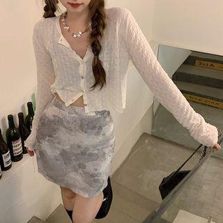 Long-sleeve Cardigan / Ink Print A-line Semi Skirt