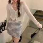 Long-sleeve Cardigan / Ink Print A-line Semi Skirt