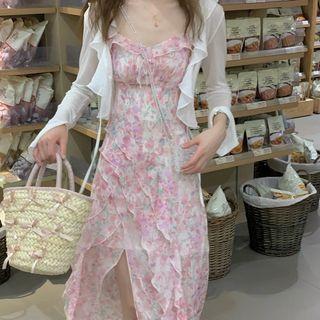 Spaghetti Strap Floral Print Ruffled Midi Dress / Ruffled Jacket