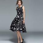 Gathered-waist Floral Print Sleeveless Crewneck A-line Dress