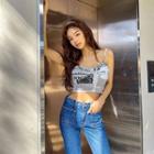 Sleeveless Newspaper-print Crop Top