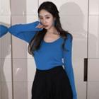 Long-sleeve Scoop-neck T-shirt Blue - One Size