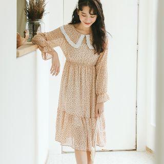 Long-sleeve A-line Chiffon Dress Almond - One Size