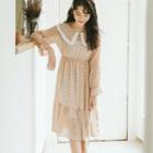 Long-sleeve A-line Chiffon Dress Almond - One Size