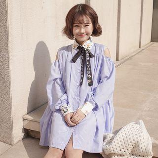 Bow Cutout Shoulder Long-sleeve Shirtdress