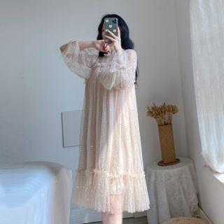 Puff-sleeve Sequined Midi A-line Mesh Dress