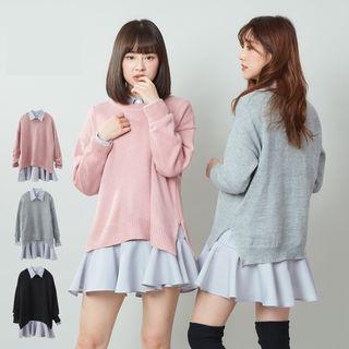 Set: Long-sleeve Ruffle Hem Mini Shirt Dress + Sweater