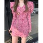 Long-sleeve V-neck Floral Print Slim-fit Dress