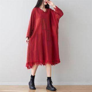Long-sleeve V-neck Fringed Midi A-line Dress