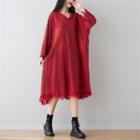 Long-sleeve V-neck Fringed Midi A-line Dress
