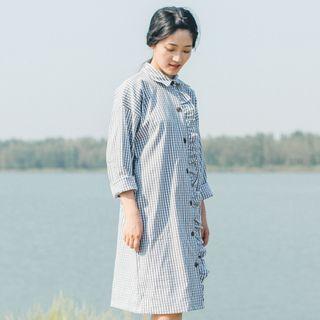 Long-sleeve Plaid Shirt Dress Gray - One Size