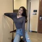 Bow Plain Long-sleeve Top