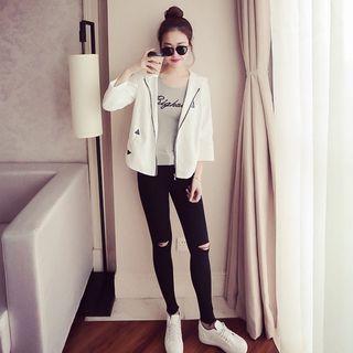 3/4-sleeve Pocketed Hooded Plain Zip Coat