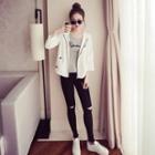 3/4-sleeve Pocketed Hooded Plain Zip Coat