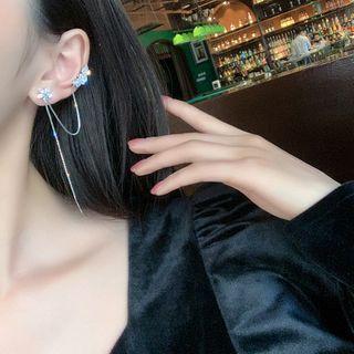 Rhinestone Flower Chained Earring 1 Pair - Silver - One Size