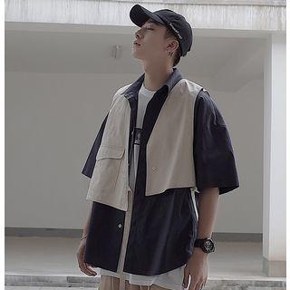 Mock Two-piece Two Tone Elbow-sleeve Shirt