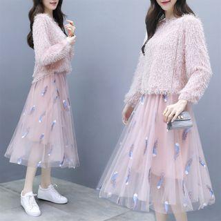 Set: Fringed Pullover + Midi Embroidered Mesh Skirt
