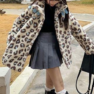 Leopard Print Fleece Jacket Leopard - Almond & Coffee & Blue - One Size