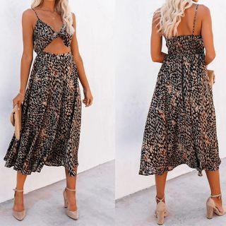 Spaghetti Strap Cutout Leopard Print A-line Midi Dress