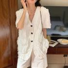 Short-sleeve Textured Button-up Blouse White - One Size