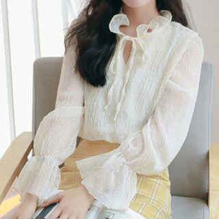 Lace-up Ruffle Trim Blouse Almond - One Size