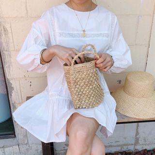 Plain 3/4-sleeve Shift Dress White - One Size