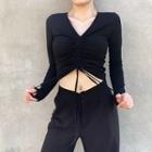 Long-sleeve Drawstring Ruched Cropped T-shirt