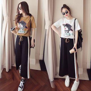 Set: Printed Short Sleeve T-shirt + Contrast Trim Wide Leg Pants