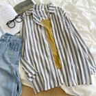Set: Long-sleeve Striped Shirt + Plain Camisole Top Set - One Size